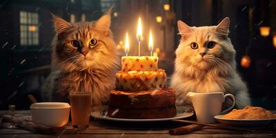 Generative AI, Cat birthday party, cake with a candles photo