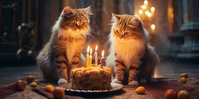 Generative AI, Cat birthday party, cake with a candles photo