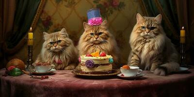 Generative AI, Cat birthday party, cake with a candles photo