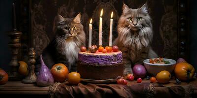 Generative AI, Cat birthday party, cake with a candles photo