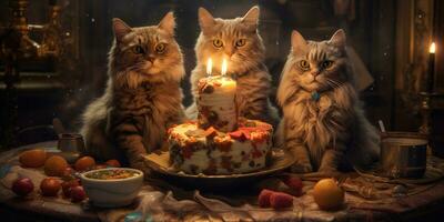 Generative AI, Cat birthday party, cake with a candles photo