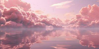 Generative AI, Pink magenta fantastic clouds, sky and landscape. Gentle colors and with bright lights photo