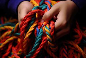 Generative AI, peoples hands working together to untangle a knotted rope. Business teamwork. photo