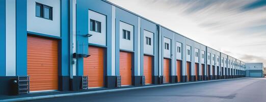 Generative AI, Mini colorful metal self storage facilities rental units, warehouse exterior, industry garage building. photo