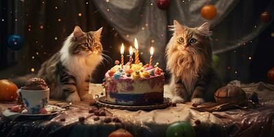 Generative AI, Cat birthday party, cake with a candles photo