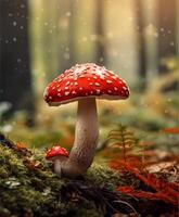 close up portrait of mushroom with bokeh background, generative ai photo