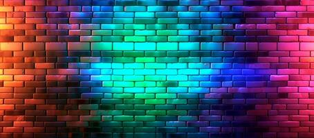 brick wall pattern background with colorful futuristic neon lights. generative ai photo