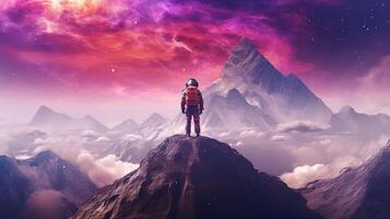 Generative AI, Psychedelic Space banner template, nostalgic 80s, 90s background. Horizontal illustration of the future landscape with mountains, planets, trees, moon. Surrealist escapism concept. photo