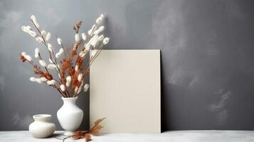 generativo ai, bohemio blanco blanco sábana papel rodeado por natural seco hojas y plantas, póster burlarse de arriba foto