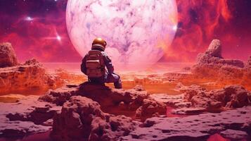 , astronaut on planet mars, exploring planets in outer space. Fantasy surreal illustration photo