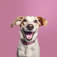 Generative AI, Portrait of a happy dog looking at the camera with mouth open on pink background photo