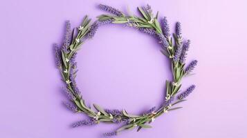 Generative AI, wreath of lavender branches flowers with copy space, natural organic floral frame violet background photo