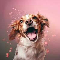 Generative AI, Portrait of a happy dog looking at the camera with mouth open on pink background photo