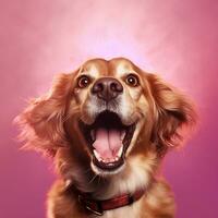 Generative AI, Portrait of a happy dog looking at the camera with mouth open on pink background photo