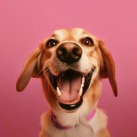 generativo ai, retrato de un contento perro mirando a el cámara con boca abierto en rosado antecedentes foto