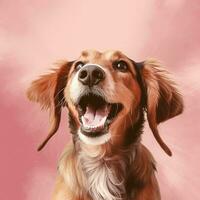 Generative AI, Portrait of a happy dog looking at the camera with mouth open on pink background photo