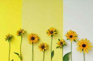 verde césped y amarillo flores en el vistoso antecedentes y fondo foto