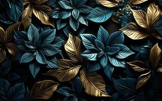 blue leaves on a black background. AI Generated photo