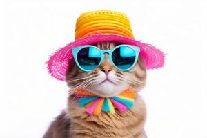 Funny party cat wearing colorful summer hat and stylish sunglasses isolated over white background. photo