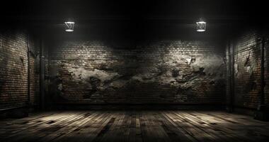 an empty room with brick walls and a spotlight. AI Generated photo