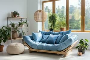 azul sofá de dos plazas sofá en contra de grande cuadrícula ventana.. ai generado foto