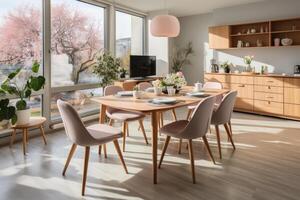 Studio apartment with dining table and chairs. Scandinavian interior design. photo