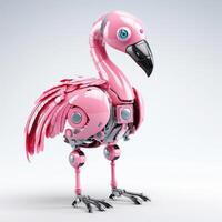 Cute pink flamingo robot robotic bird isolated over white background. photo