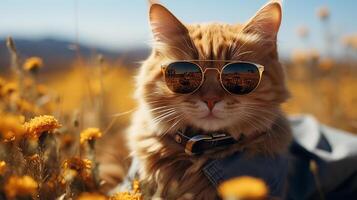 cute red cat in a funny outfit and sunglasses. . AI Generated photo