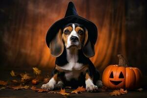 super cute beagle with a witches hat halloween background. AI Generated photo