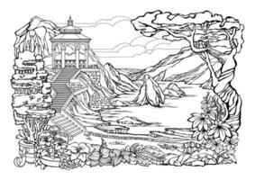 Romantic Secluded Garden. Coloring Page with gazebo on the rock. vector