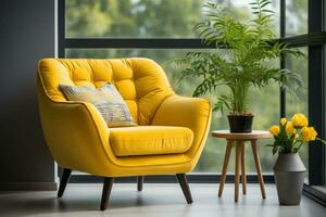 amarillo ala silla y café mesa cerca beige grunge estuco pared. interior diseño de moderno vivo habitación. ai generado foto