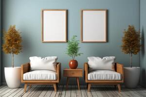 Two armchairs in room with white wall and big frame poster on it. photo