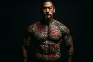 Confident man with muscular body tattooed on black background. AI Generated photo