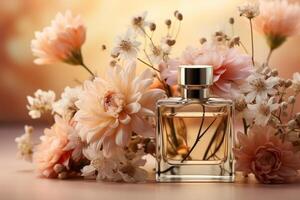 Commercial photography a perfume bottle on beige background. AI Generated photo