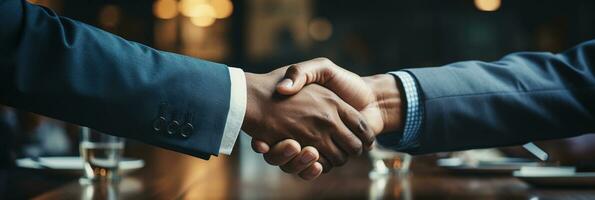 Businessman handshake for success deal in business merger and acquisition. AI Generated photo