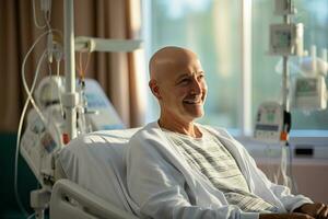 Bald mature man smiling in cancer hospital bed . AI Generated photo