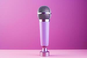 Professional microphone with pink purple background banner, Podcast or recording studio. photo