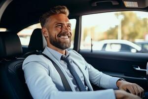 atractivo elegante contento hombre en bueno coche. ai generado foto