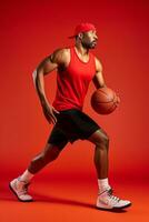Full length portrait of black man in red shirt, black cap and grey shorts playing basketball. Studio, yellow background. AI Generated photo