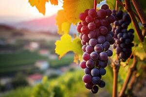 uva campo creciente para vino. rojo uvas de cerca, viñedo sierras. ai generado foto