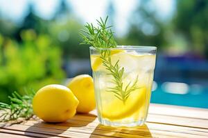 Summer refreshing cold summer lemonade drink or alcoholic cocktail with ice. photo