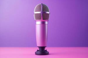 Professional microphone with pink purple background banner, Podcast or recording studio. photo
