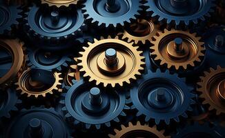 a group of blue gears that are pinned against the top of a dark blue background. photo