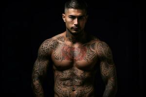 Confident man with muscular body tattooed on black background. AI Generated photo