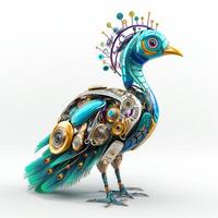 Colorful peacock robot, robotic bird isolated over white background. AI Generated photo