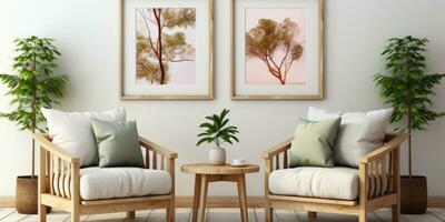 Two armchairs in room with white wall and big frame poster on it. AI Generated photo