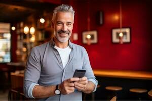 attractive mature man with phone on red background. AI Generated photo
