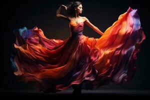 Woman in red waving dress with flying fabric. AI Generated photo