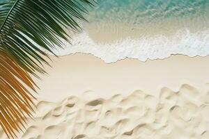 tropical playa antecedentes con blanco arena, palma árbol sombras, verano fiesta fondo.ai generado foto