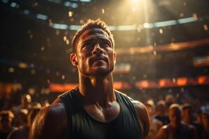 Basketball pro player standing in the court ready to play. photo